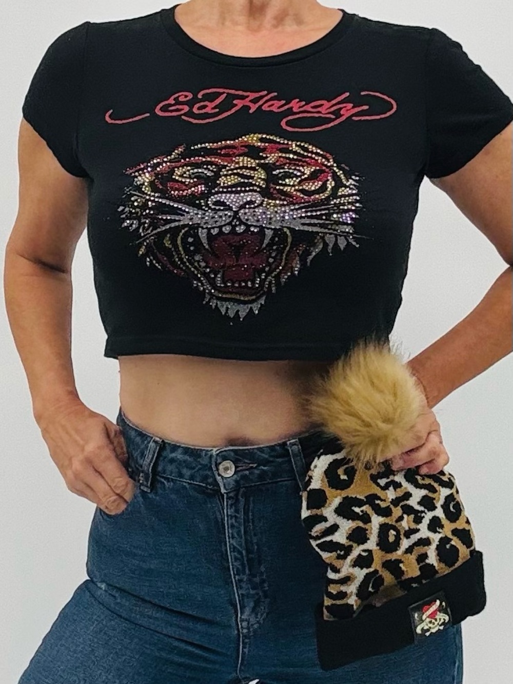 Ed Hardy Y2K Iconic Bling Lion Head Rhinestone Indie Tee Shirt Beanie Hat Set